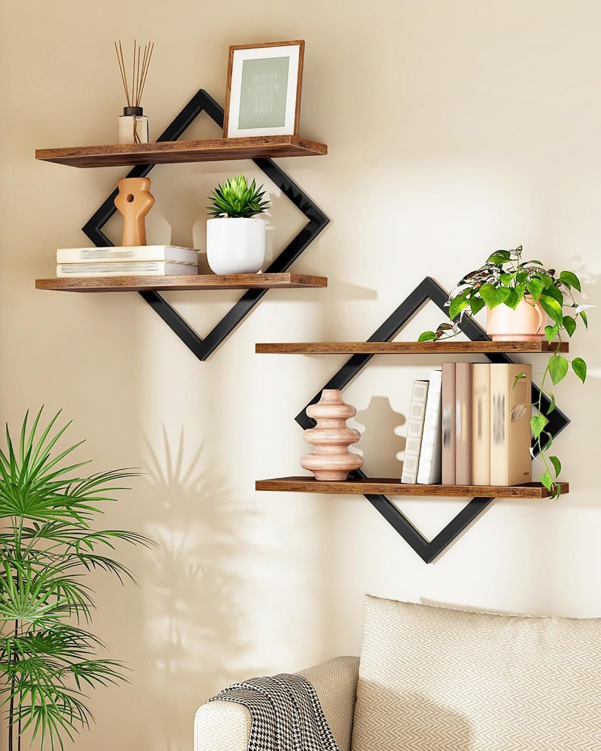 Decorative wall shelves with plants, books, and decorative items next to a beige sofa with pillows.
