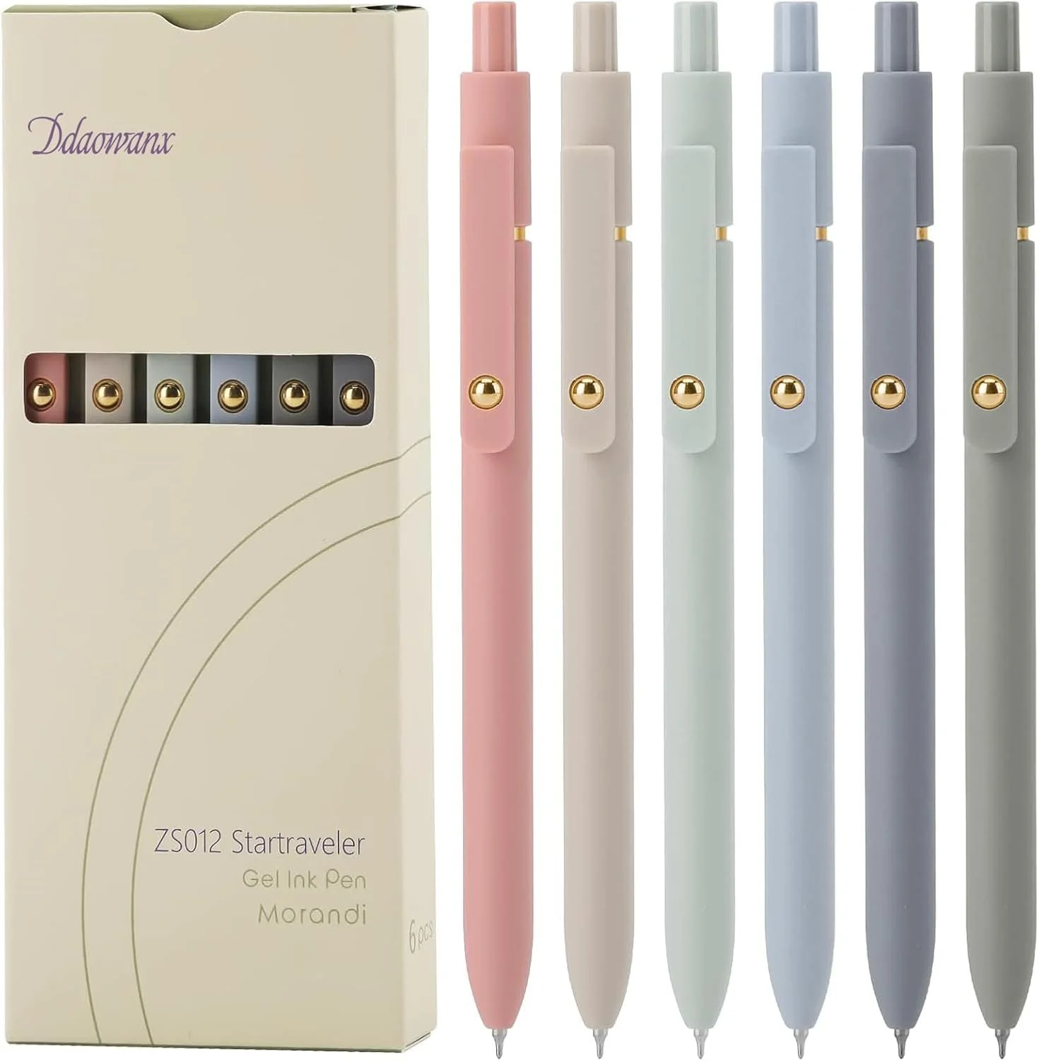 Set of six pastel-colored gel ink pens in pink, beige, light green, light blue, lavender, and gray, standing next to a beige box labeled 'ZSO12 Startraveler Gel Ink Pen Morandi.'