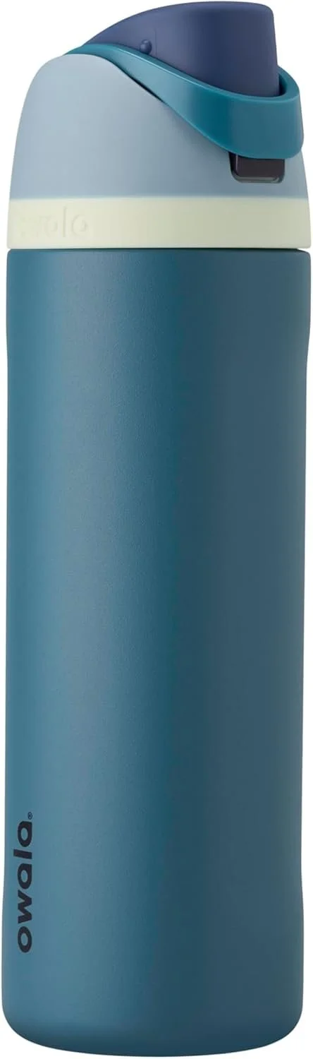 A blue and white insulated water bottle with a screw-on lid featuring a spout for drinking.