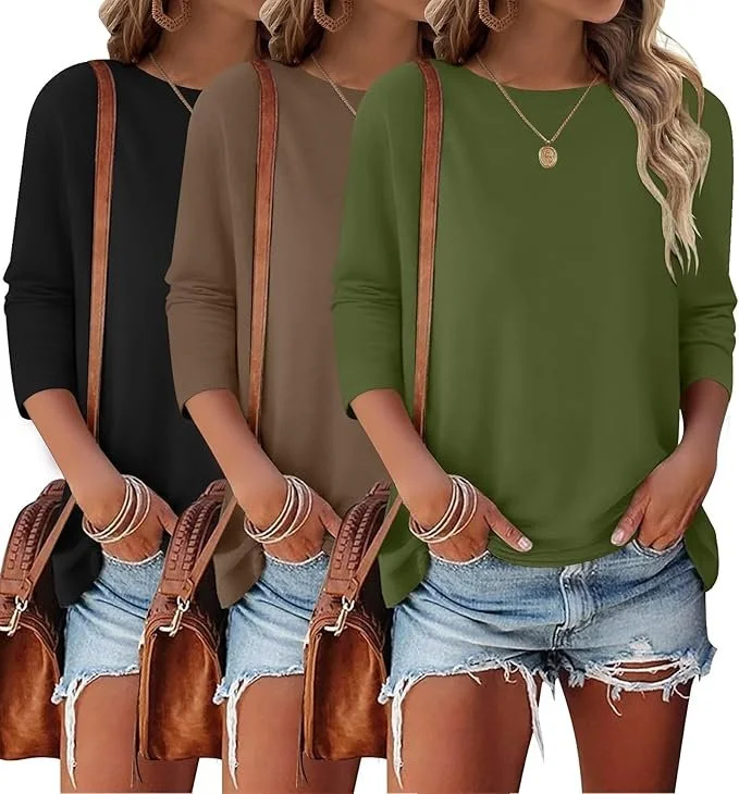 Three women shown from shoulders to mid-thigh, wearing loose long-sleeve tops in black, beige, and green, paired with frayed denim shorts, brown handbags, and jewelry.