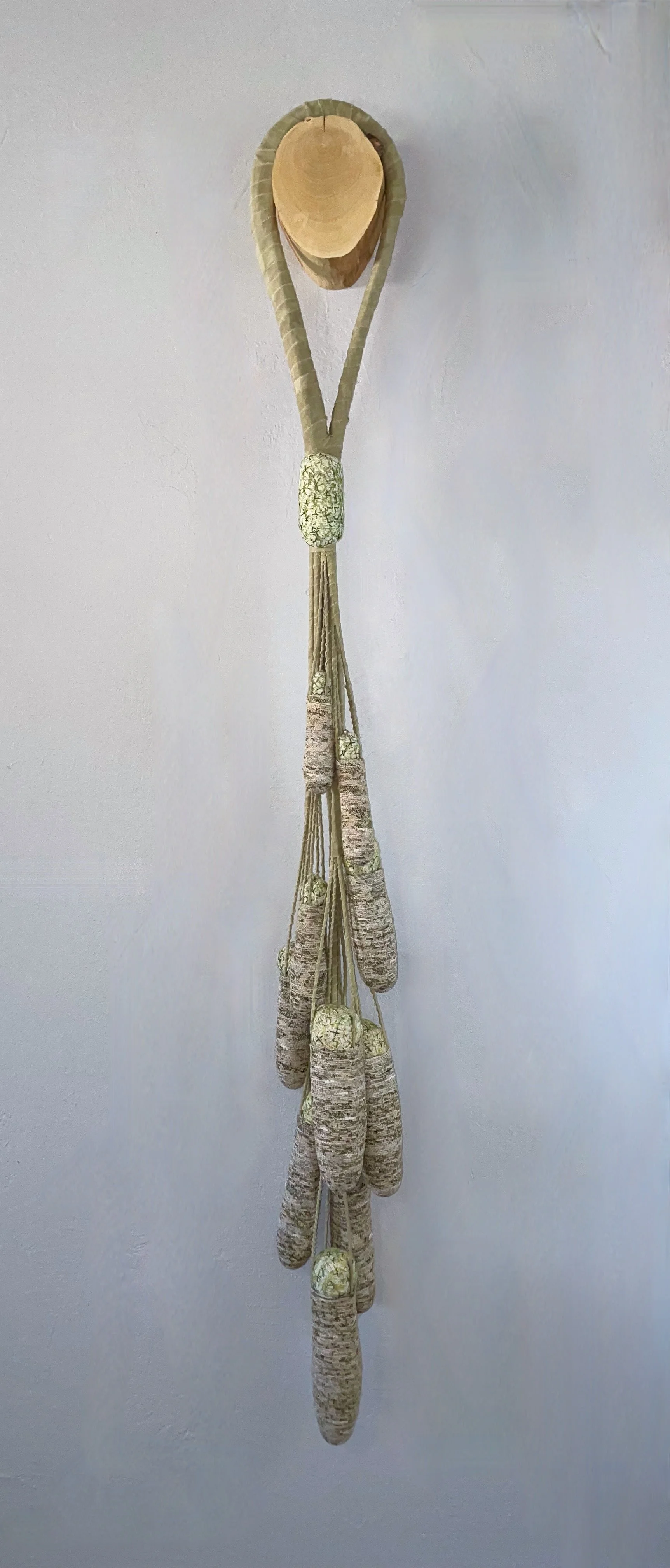 A wall-mounted fiber artwork, hung from a tree-branch slice.  Strips of fabric-covered wire hold coiled baskets, which in turn hold cocoons filed with the artist's forebears' jewelry.