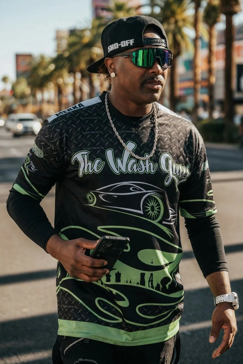 A man wearing a black cap, reflective sunglasses, and a black and green sports jersey that reads "The Wash Guys" holds a smartphone in his right hand and wears a white watch on his left wrist, walking outdoors with palm trees and a busy street in the background.