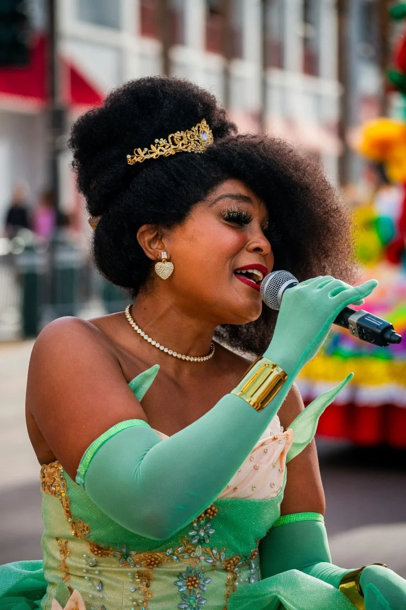 A woman dressed as a princess, wearing a gold crown, green gloves, and a gown with gold and floral embellishments, singing into a microphone at a parade or festival.