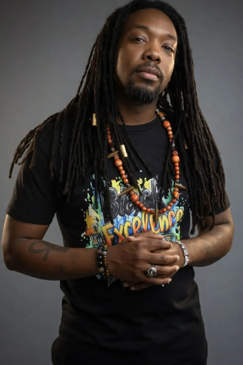Portrait of a man with long dreadlocks wearing a black T-shirt with colorful graffiti-style text, multiple beaded necklaces, a bracelet, and rings, standing against a gray background.