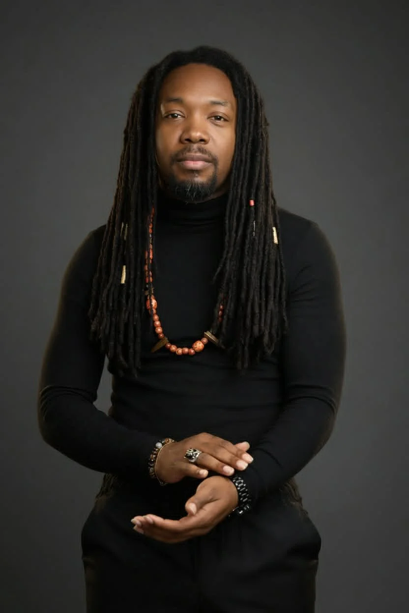 Man with long dreadlocks wearing a black turtleneck and necklaces, sitting against a dark background.