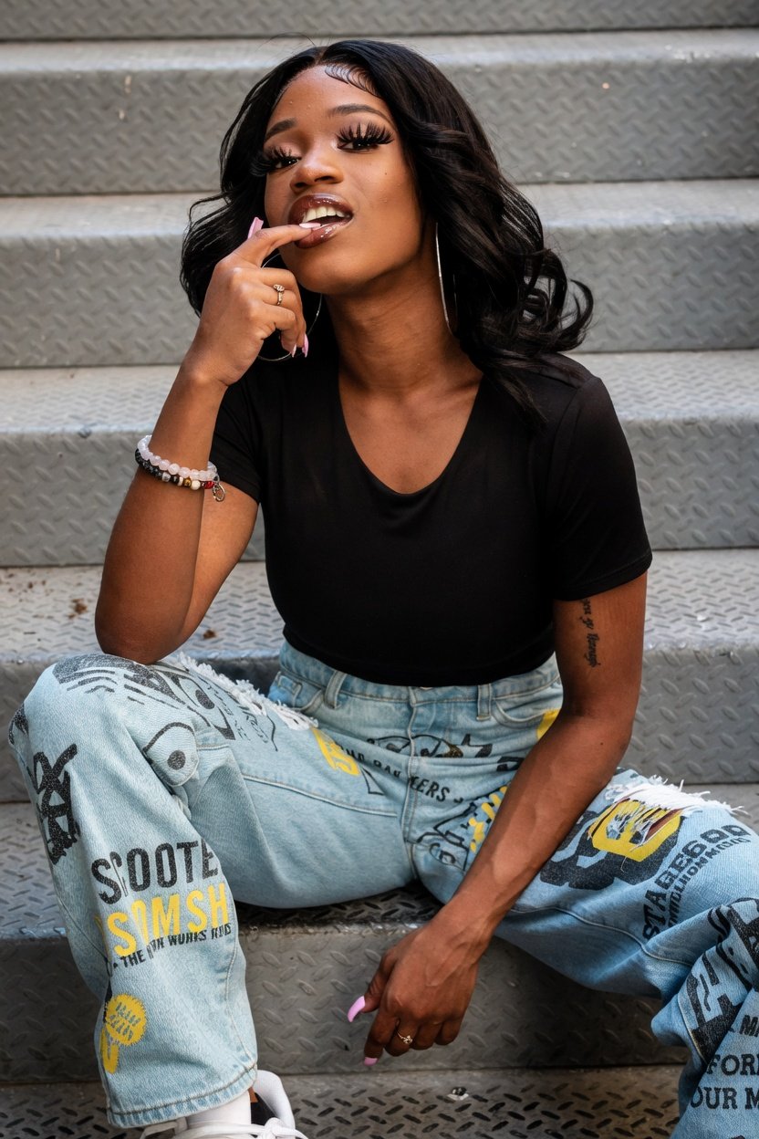 A young woman with dark curly hair and long eyelashes sitting on metallic stairs, wearing a black t-shirt, light-wash distressed jeans with graphic text, and white sneakers, posing with her finger on her lips.