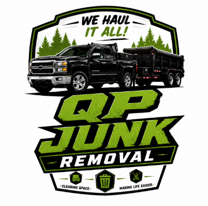 Graphic logo for a junk removal service featuring a black pickup truck pulling a trailer, with trees in the background and text that reads 'We Haul It All!', 'QP Junk Removal', and icons for clearing space and making life easier.