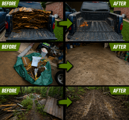 Comparison images showing the removal of clutter from a truck bed, a pile of trash, and a muddy area, highlighting cleanup and cleaning efforts.