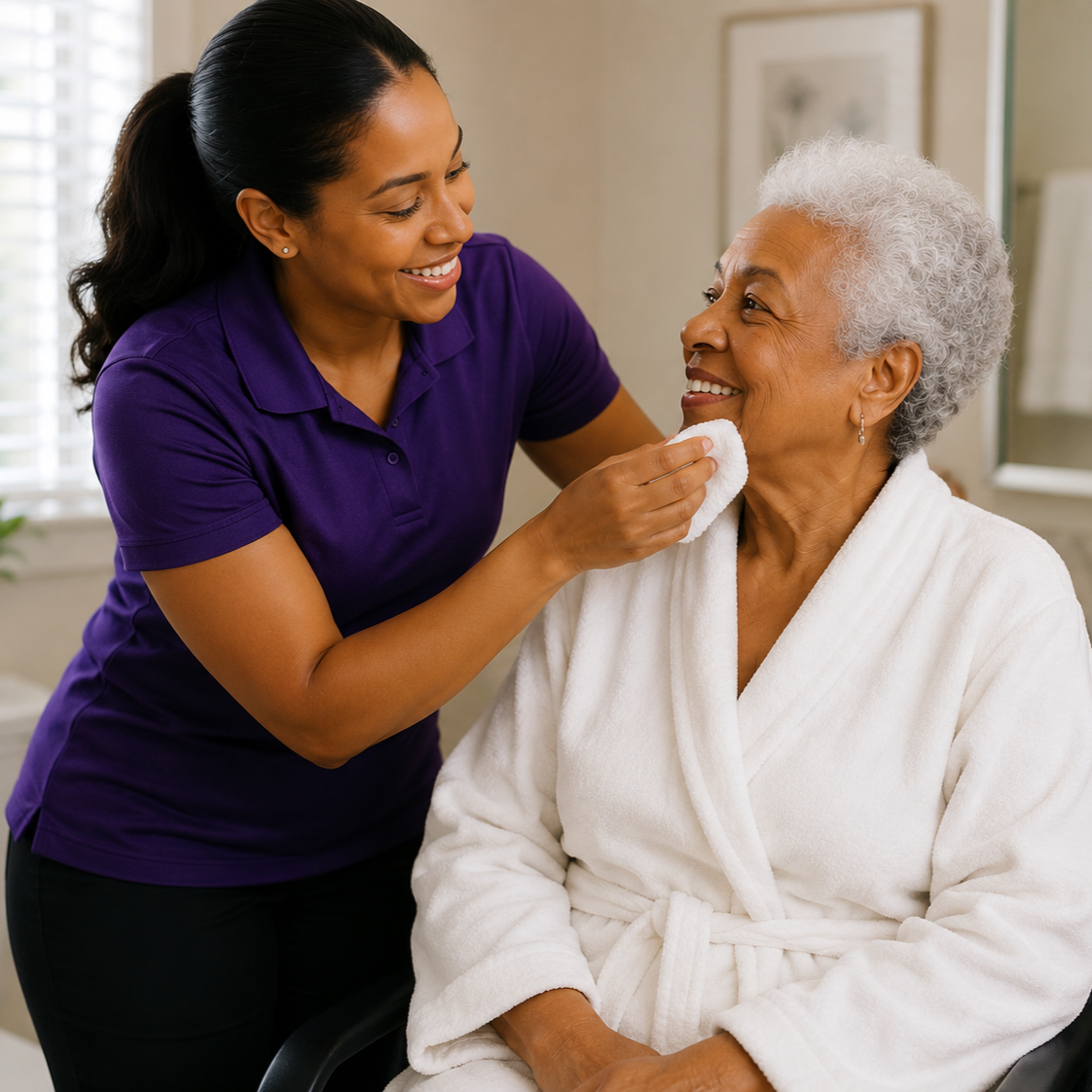 A caregiver in a purple shirt cleaning an elderly woman's face with a cotton pad, both smiling in a bright, home-like setting.