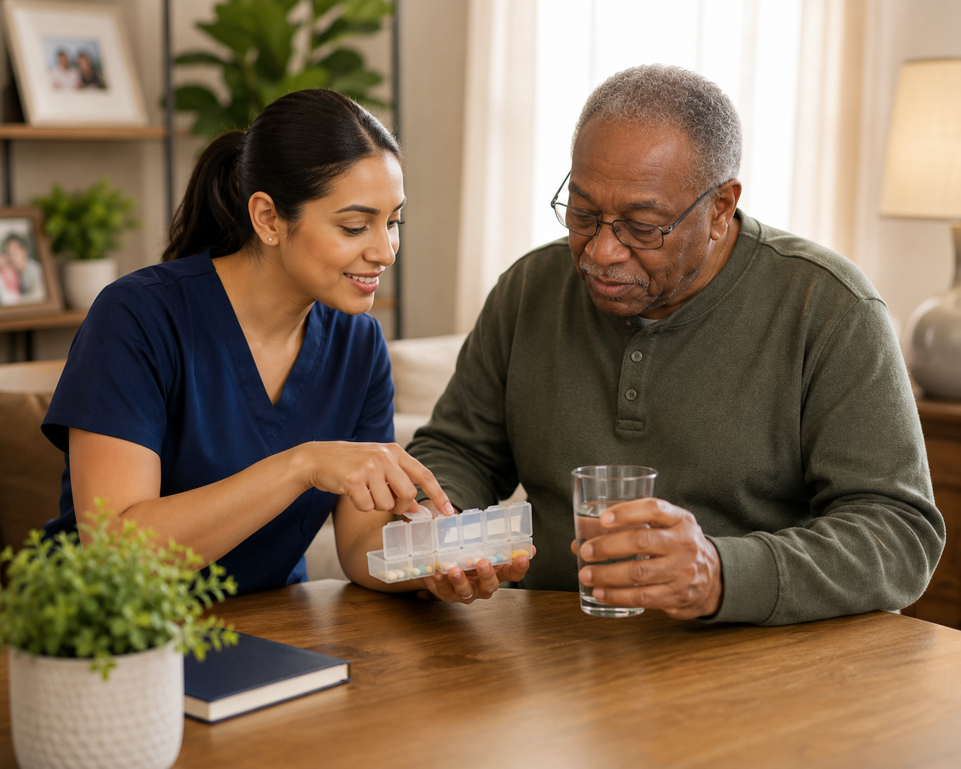 A young woman in blue scrubs shows medication pills from a plastic pill organizer to an elderly man with glasses holding a glass of water in a cozy living room.