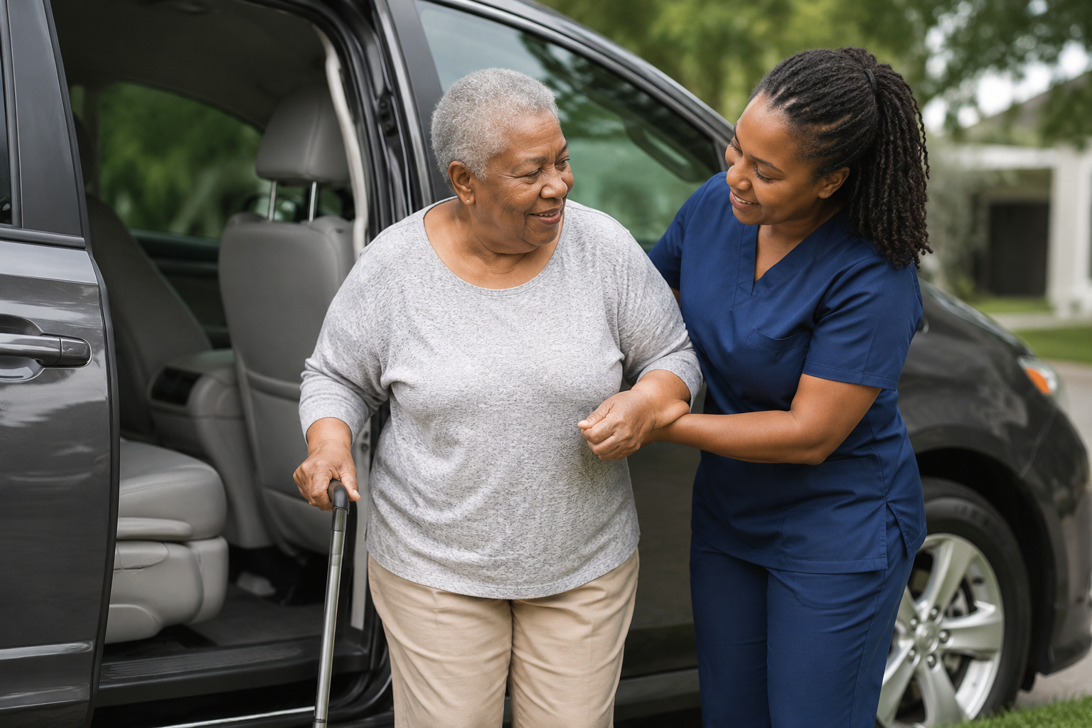 A young man helping an elderly woman out of a car with a smile, greeting her with a handshake on a sunny day.