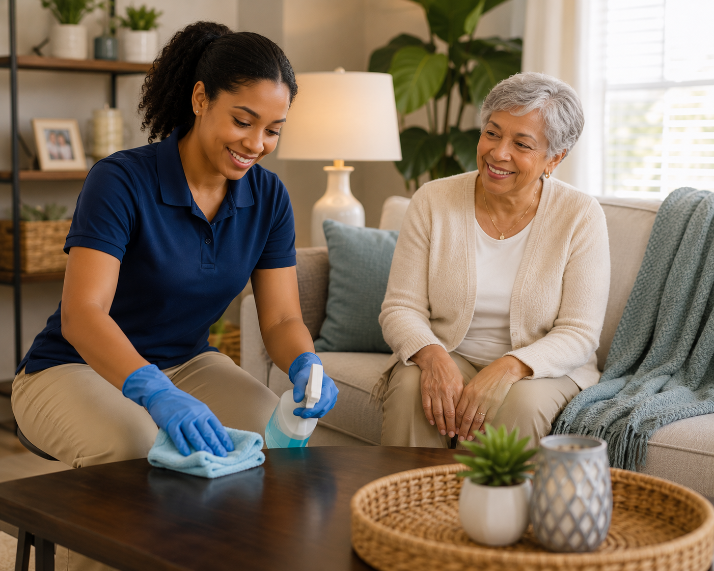 A young woman in a blue shirt and beige pants is cleaning a wooden coffee table with a spray bottle and a cloth while an older woman with gray hair, wearing a white cardigan and beige pants, watches and smiles in a cozy living room.
