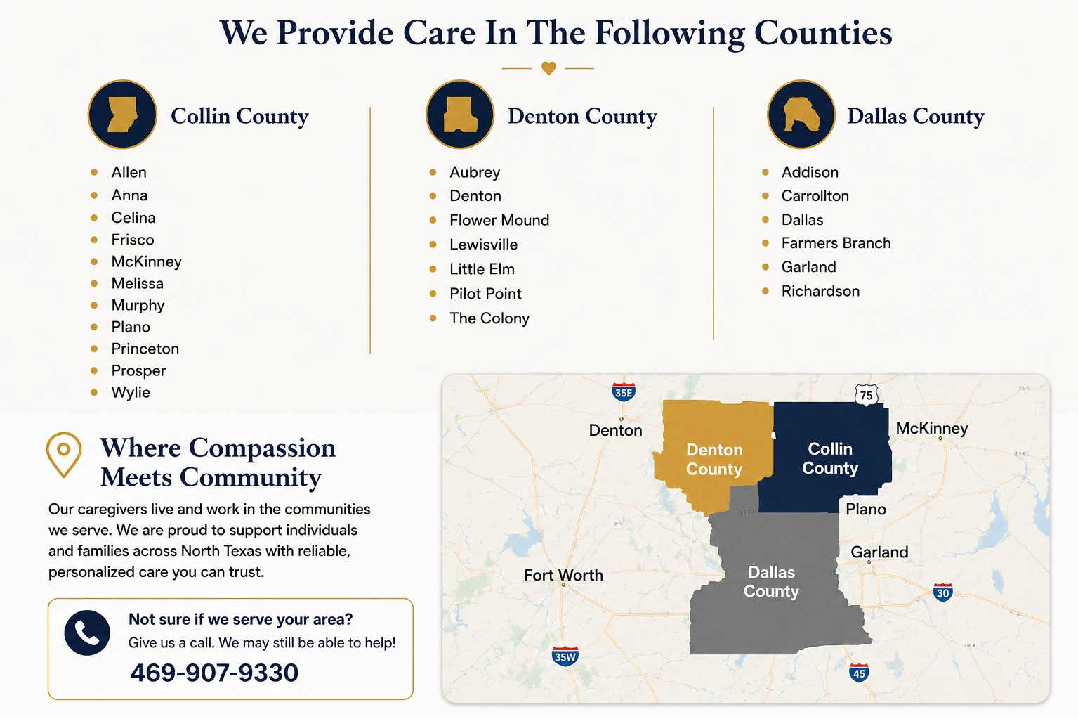 Service area map showing Prestige Elite Living providing home care in Collin County, Dallas County, Denton County, Allen, Plano, McKinney, Frisco, Wylie, Prosper, Celina, and surrounding communities.