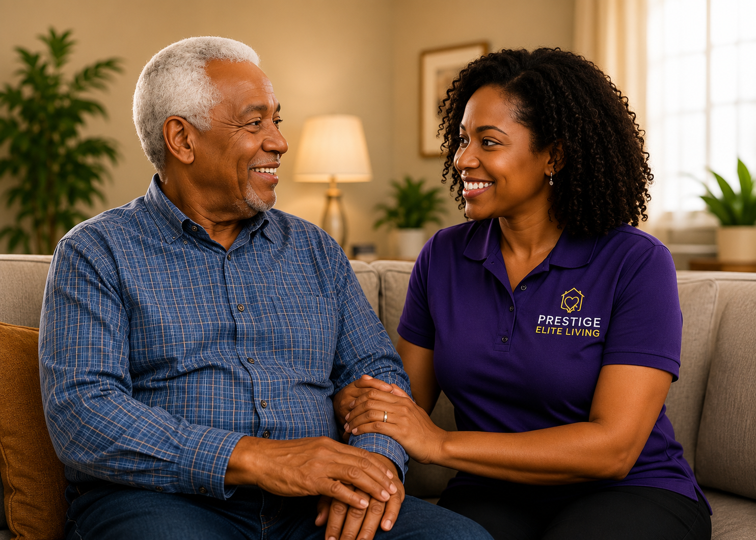 An elderly man and a young woman smiling and holding hands on a beige sofa in a cozy living room, with potted plants, a framed picture, and a lamp in the background.