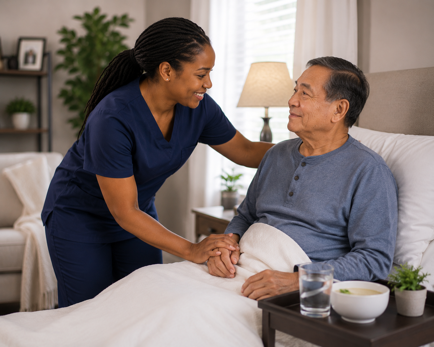 A nurse smiling and holding hands with an elderly man in bed, in a well-lit room with a lamp, plants, and framed photos.