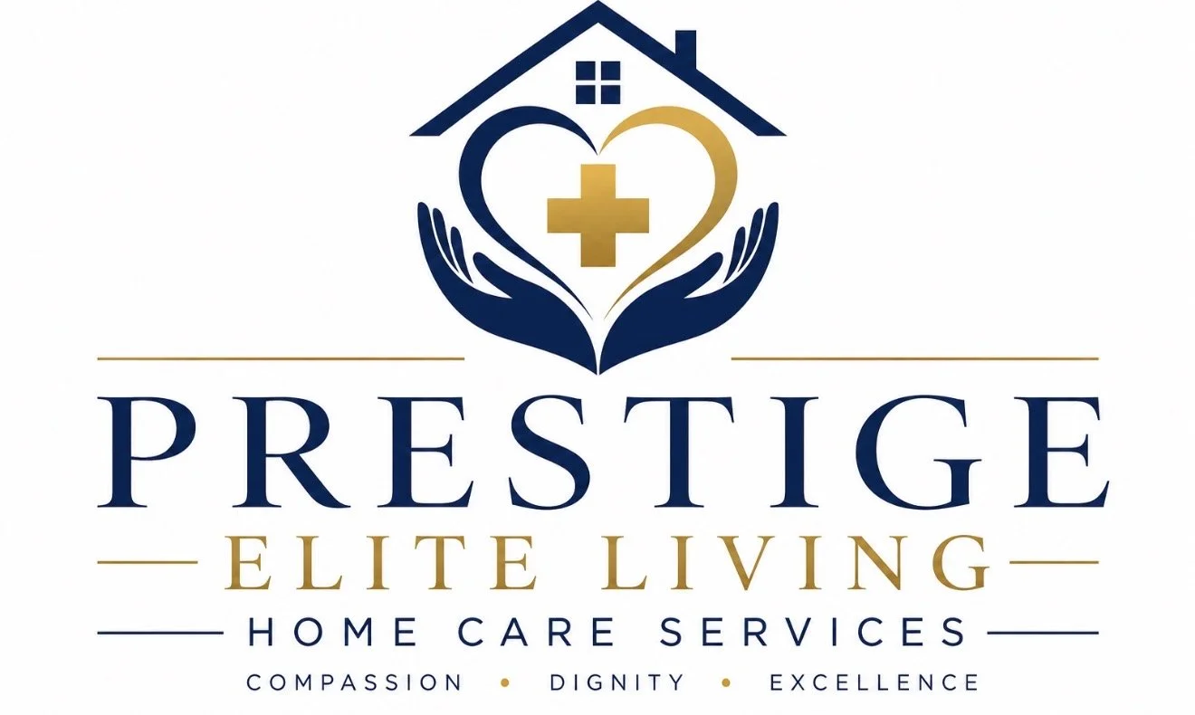 Logo for Prestige Elite Living, a home care services provider, featuring a heart, house, medical cross, and hands in navy blue and gold, with the words 'Prestige Elite Living' and tags 'Compassion, Dignity, Excellence'.