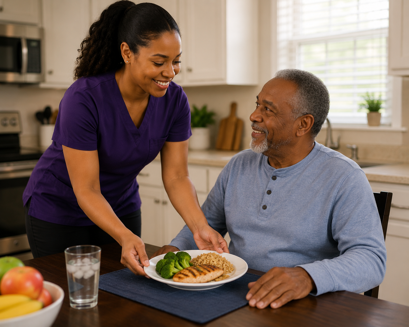 A woman in purple scrubs is serving a plate of food to an elderly man with gray hair and a beard, who is sitting at a kitchen table smiling. The plate has broccoli, rice, and salmon.