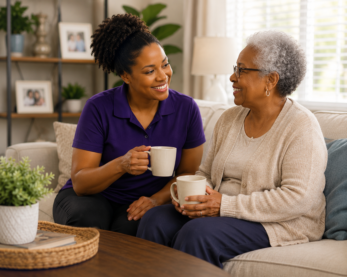 A young woman and an elderly woman sit on a beige sofa, smiling at each other while holding white mugs, engaging in conversation in a cozy living room.