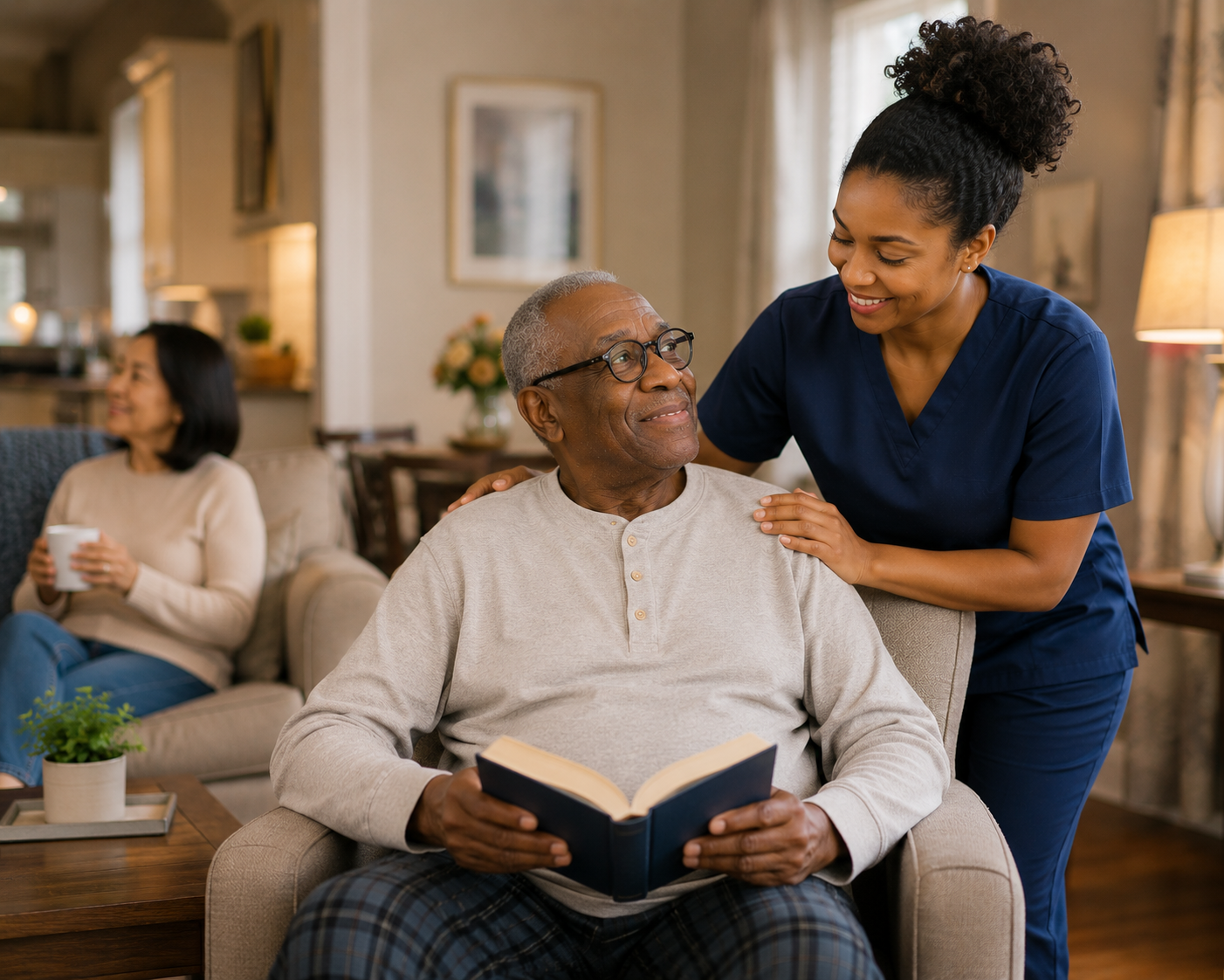 An elderly man with glasses sitting in a living room, holding an open book, smiling at a young woman in scrubs who is leaning over him with her hand on his shoulder. Another woman in the background is sitting on the couch, drinking from a mug.