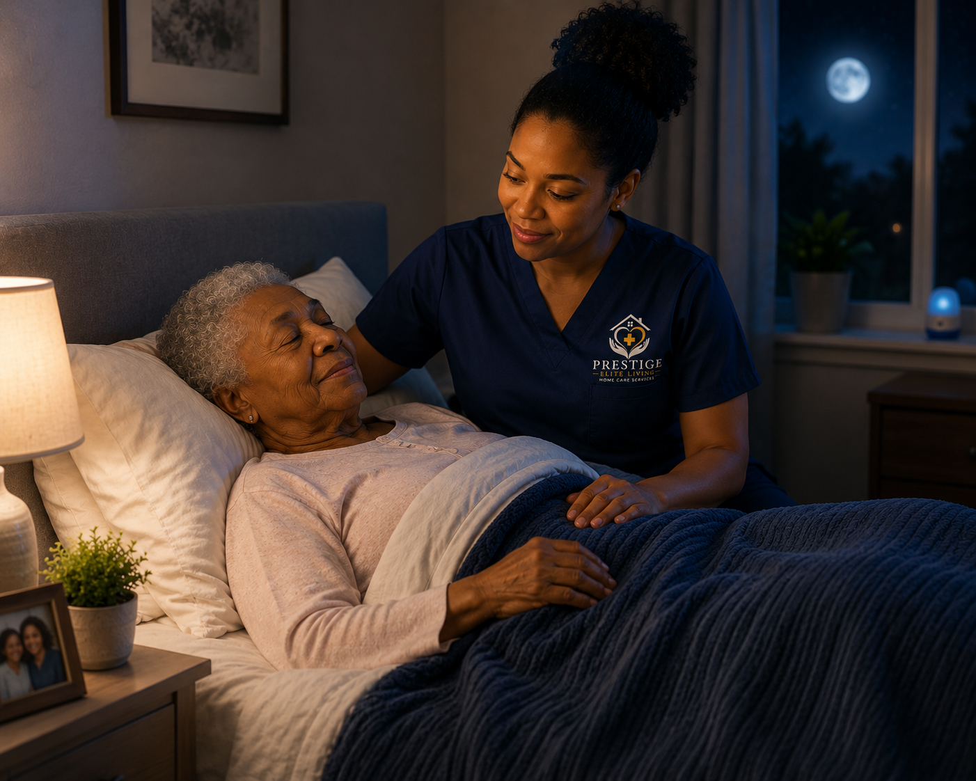 Overnight caregiver providing overnight supervision and safety for an elderly client in their home.
