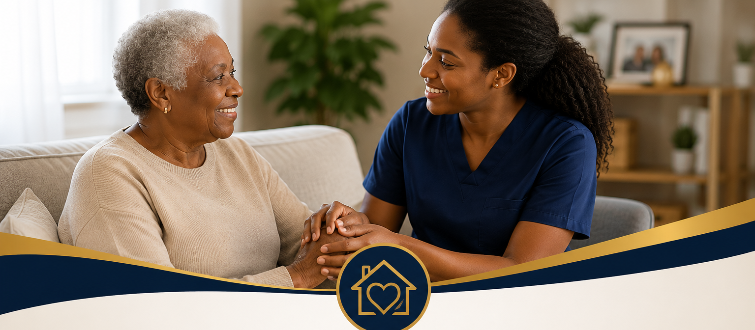 Professional caregiver from Prestige Elite Living LLC providing compassionate in-home care to an elderly woman in Allen, Texas.