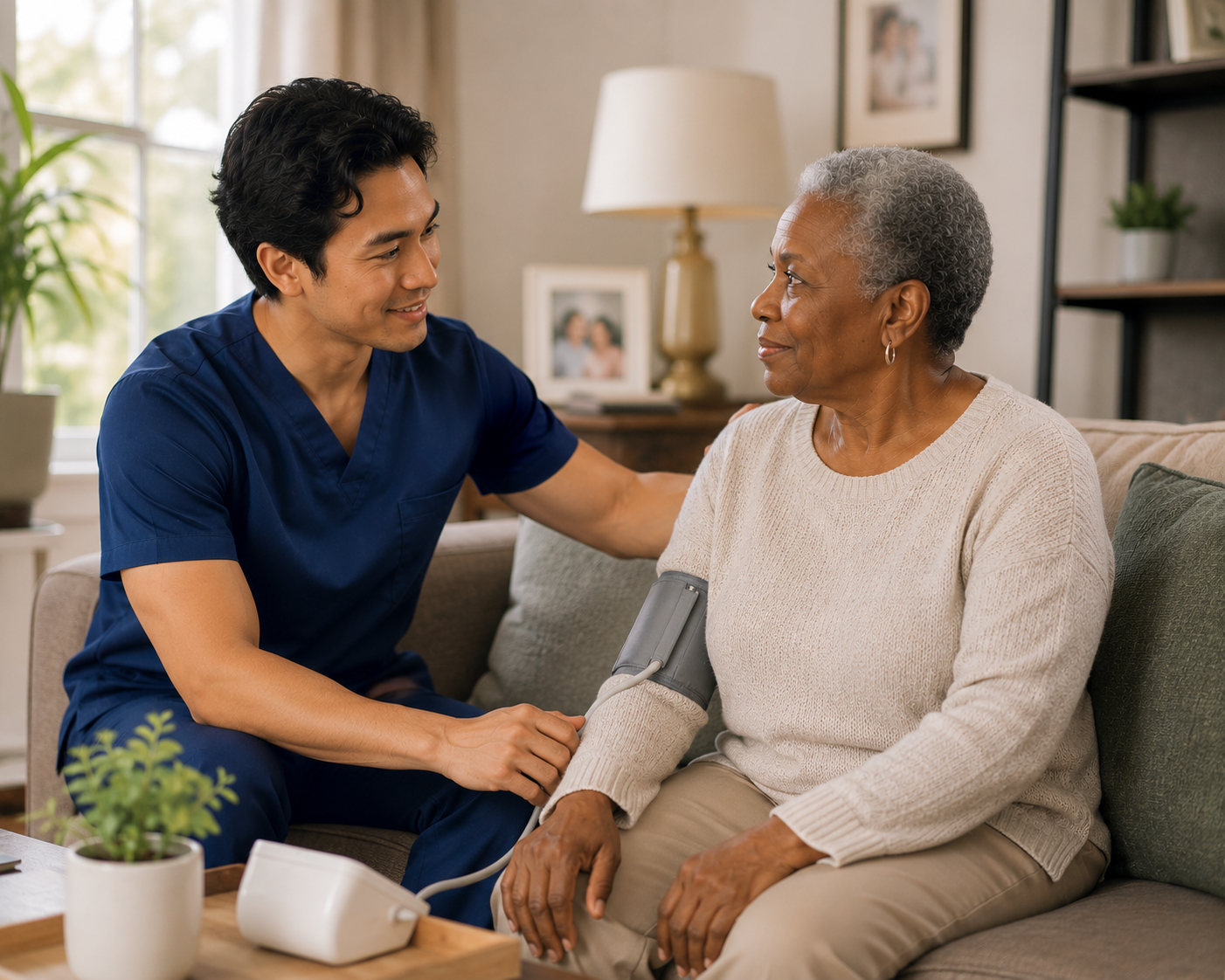 A healthcare worker measuring an elderly woman's blood pressure at home in a living room.