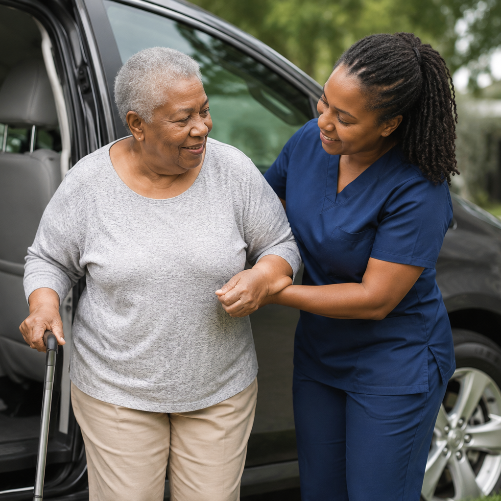 A young man helping an elderly woman get into a car.