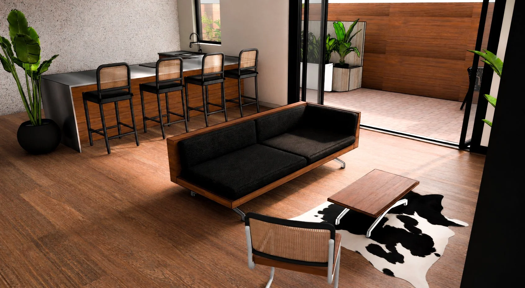 The interior pulls soft, warm timber and raw hard materials together, and that is presented wholly in the living area. Warm walnut flooring, Cherry accents and furniture with a splash of steel...  