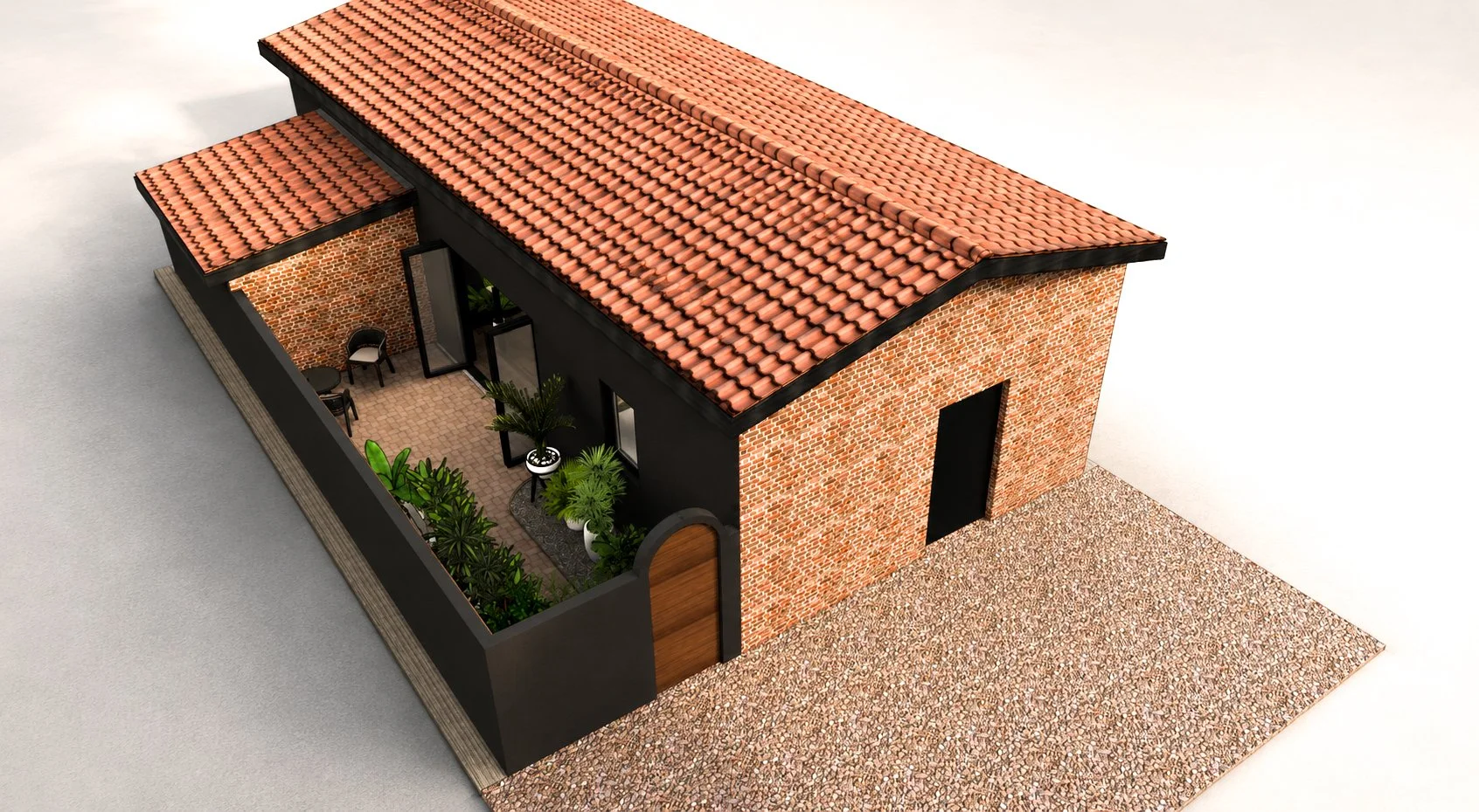 The exterior of the building pays homage to an English-style barn conversion. Our intention was to have the structure fit in to its environment, the English countryside. A modern structure with the soul of a barn conversion.