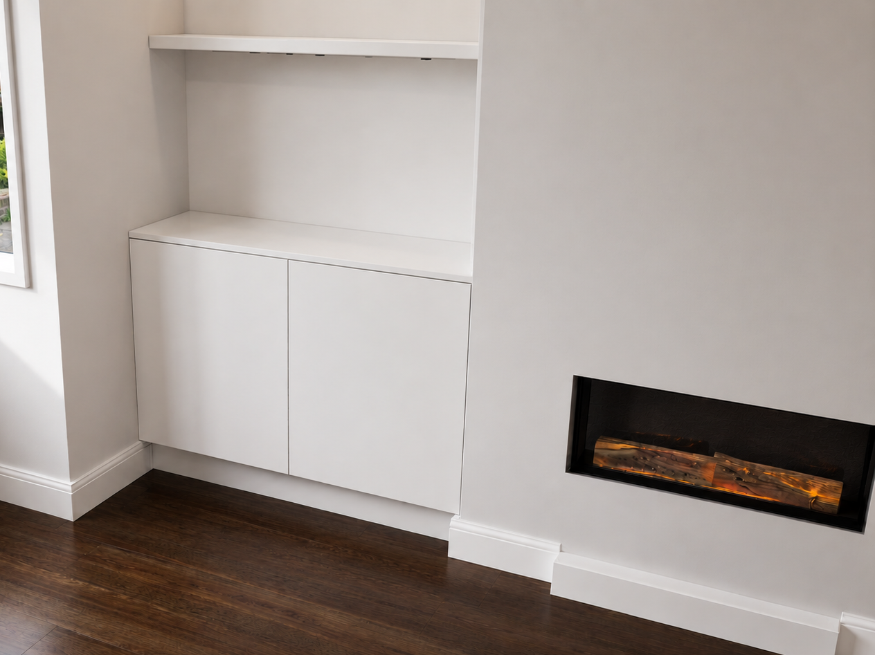 Modern white alcove cabinet with closed doors and a shelf on top, next to a modern fireplace.