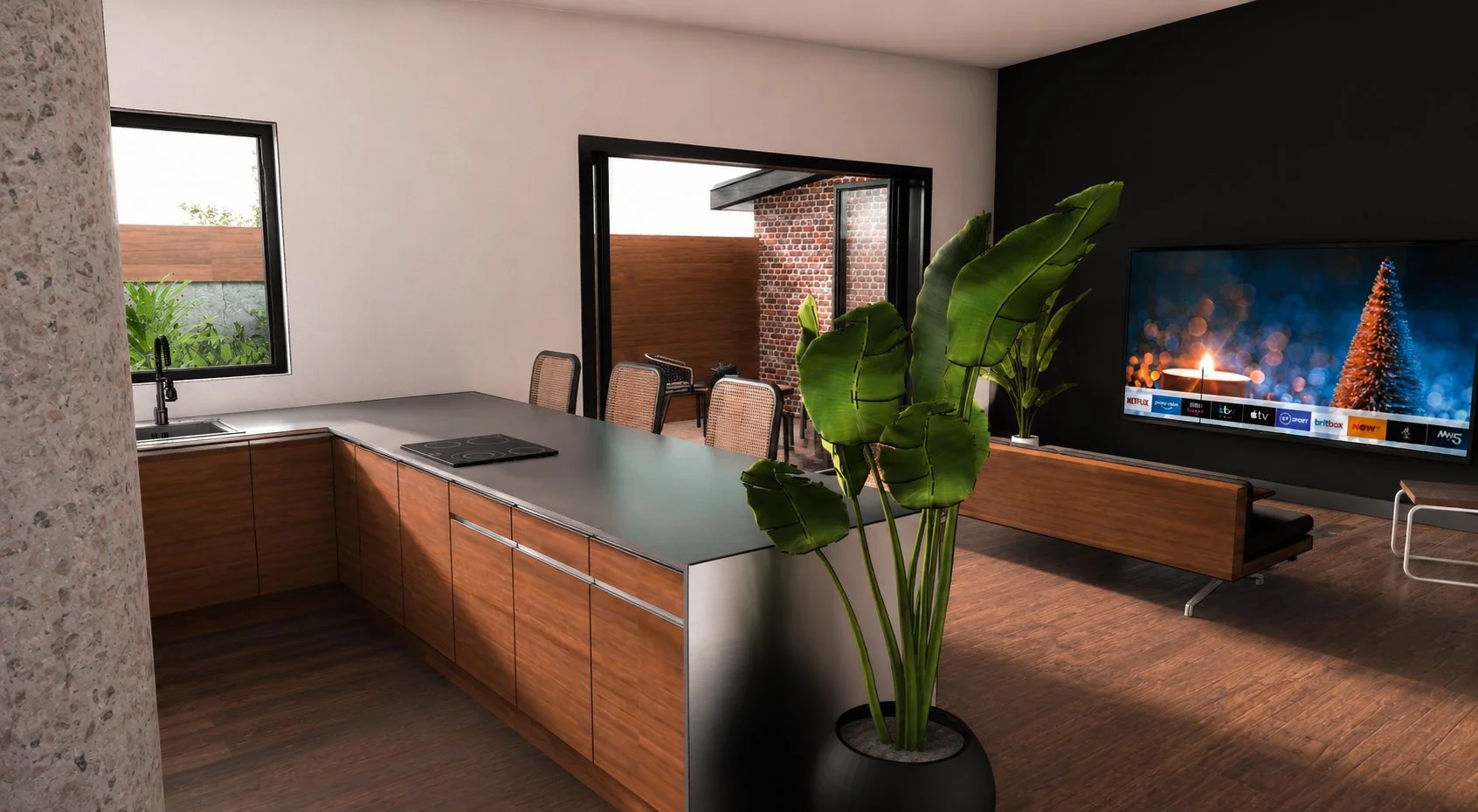The kitchen follows the theme of this property exceptionally. Cherry cabinetry and stainless steel waterfall countertops, built-in appliances and a terrazzo feature wall to let the fun side shine through. 
