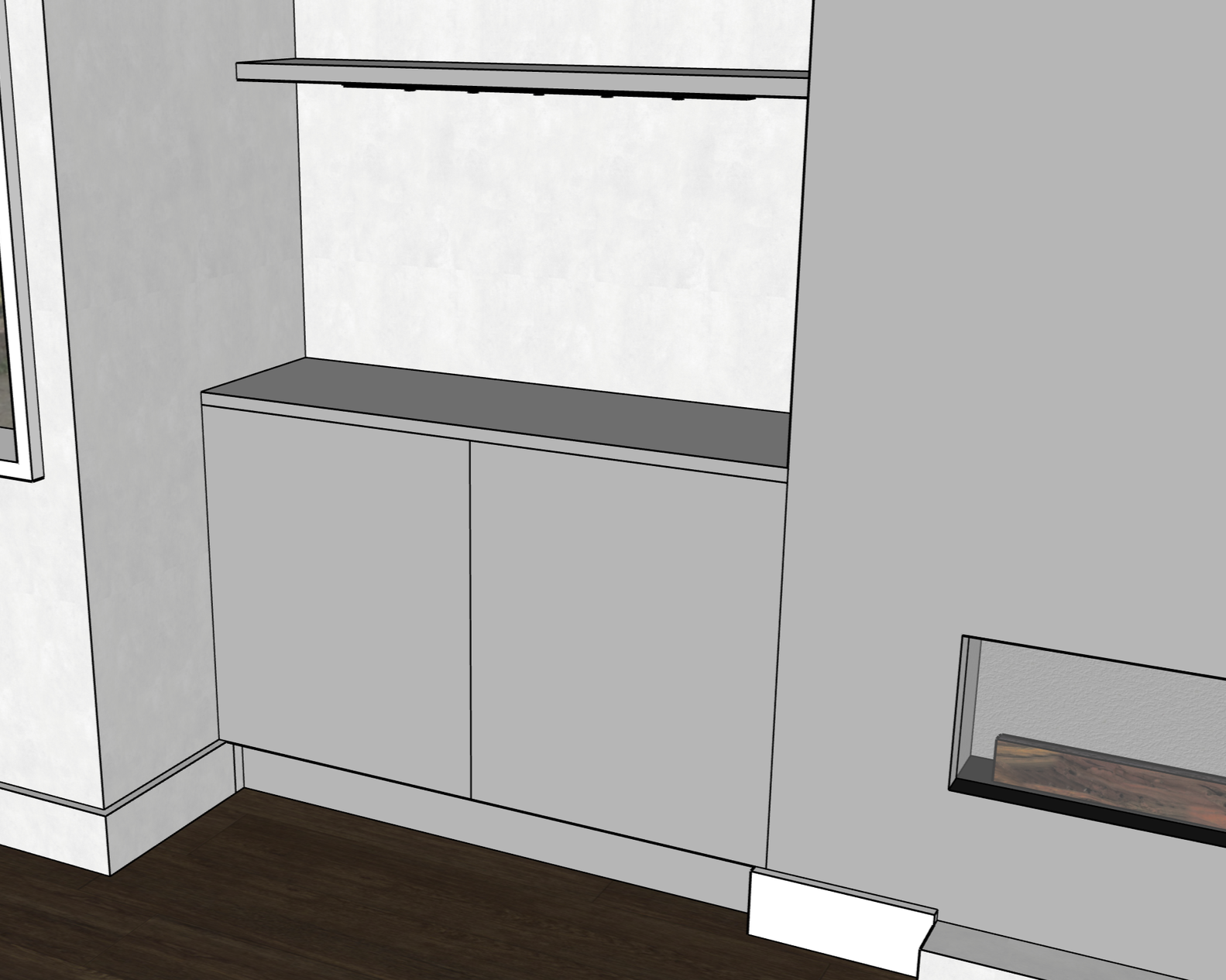 Interior view of a room with a built-in white cabinet featuring closed doors and shelves above, against a white wall, with dark wood flooring.