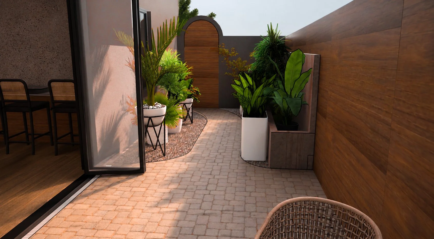 Even the outdoor space utilises warm timber and paving, combined with plants, trees, stark concrete planters and minimal furnishing to invoke emotion.