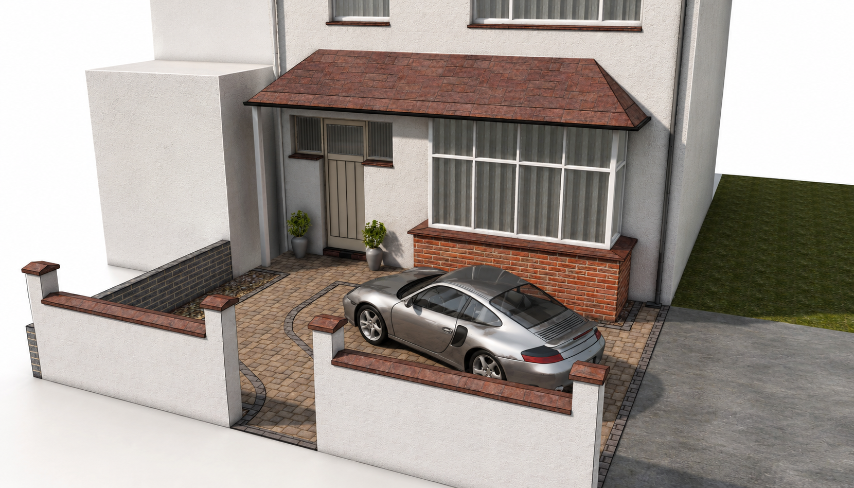 A modern house with a paved driveway, a parked silver sports car, potted plants near the entrance, and a low wall surrounding the front yard.