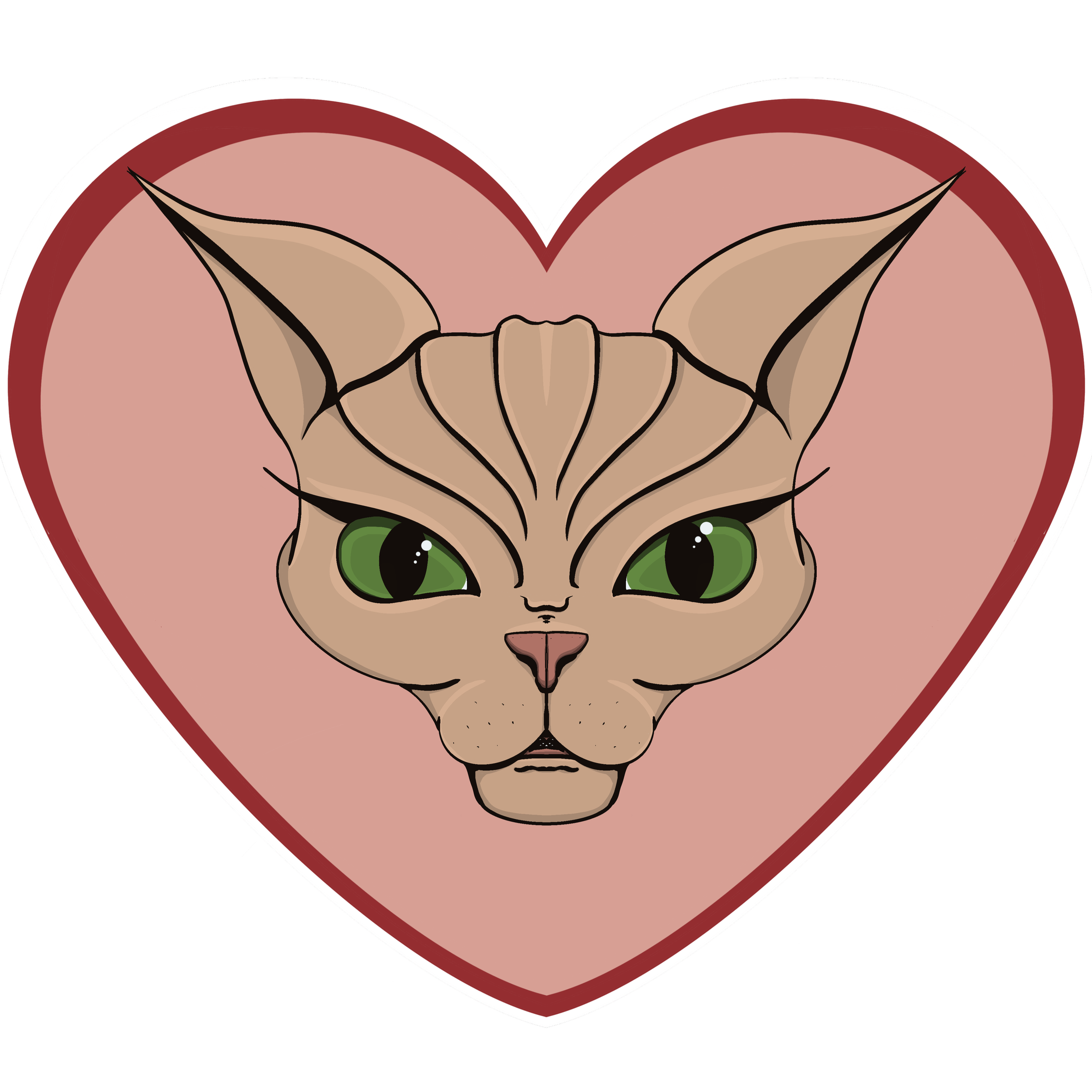Digital illustration of a cute cat's face, with large green eyes, nose, and mouth, inside a heart outline.