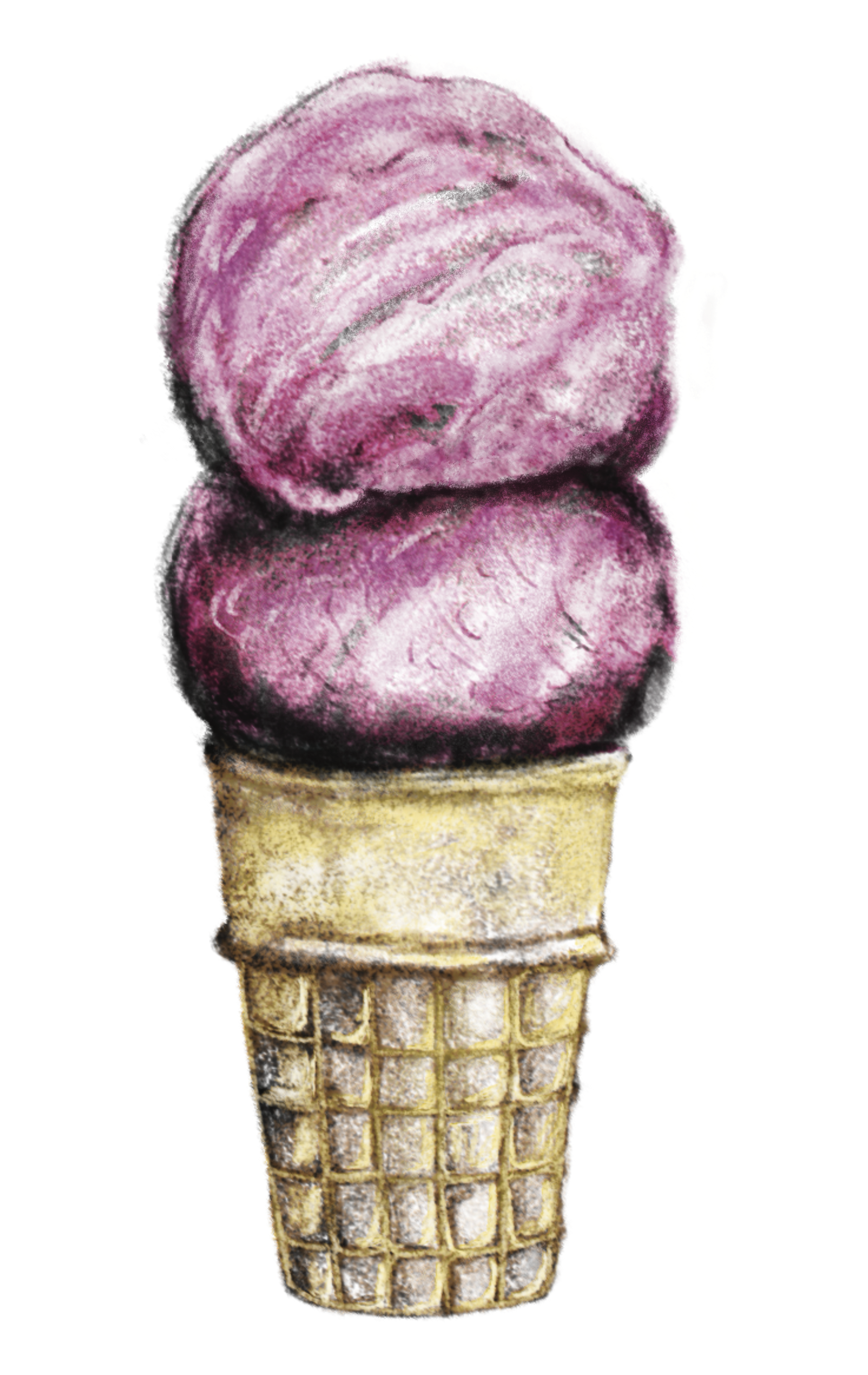 A close-up of a purple and pink ice cream scoop in a waffle cone.
