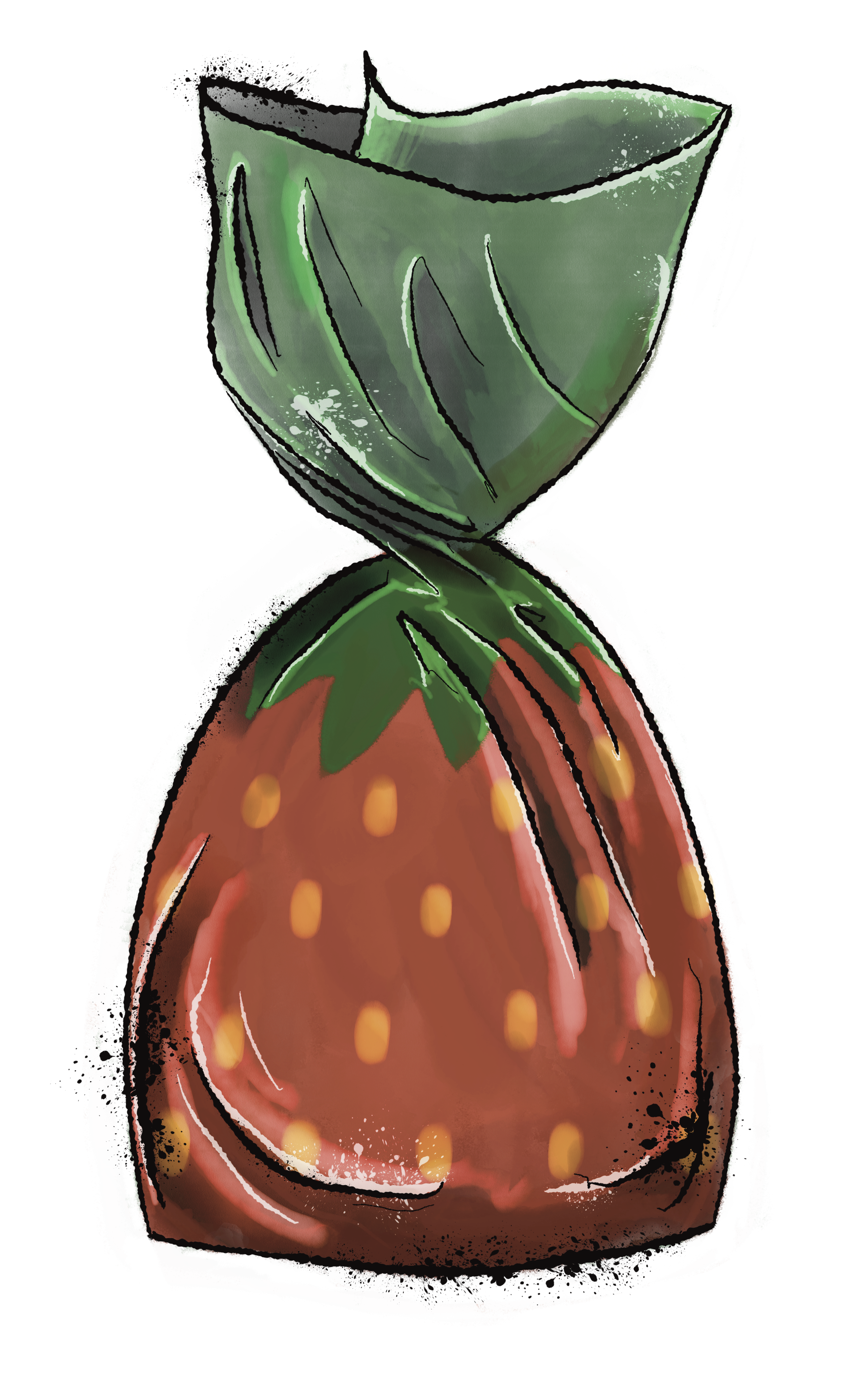 Digital illustration of a strawberry with a green leafy crown on top, reflected on a shiny surface.