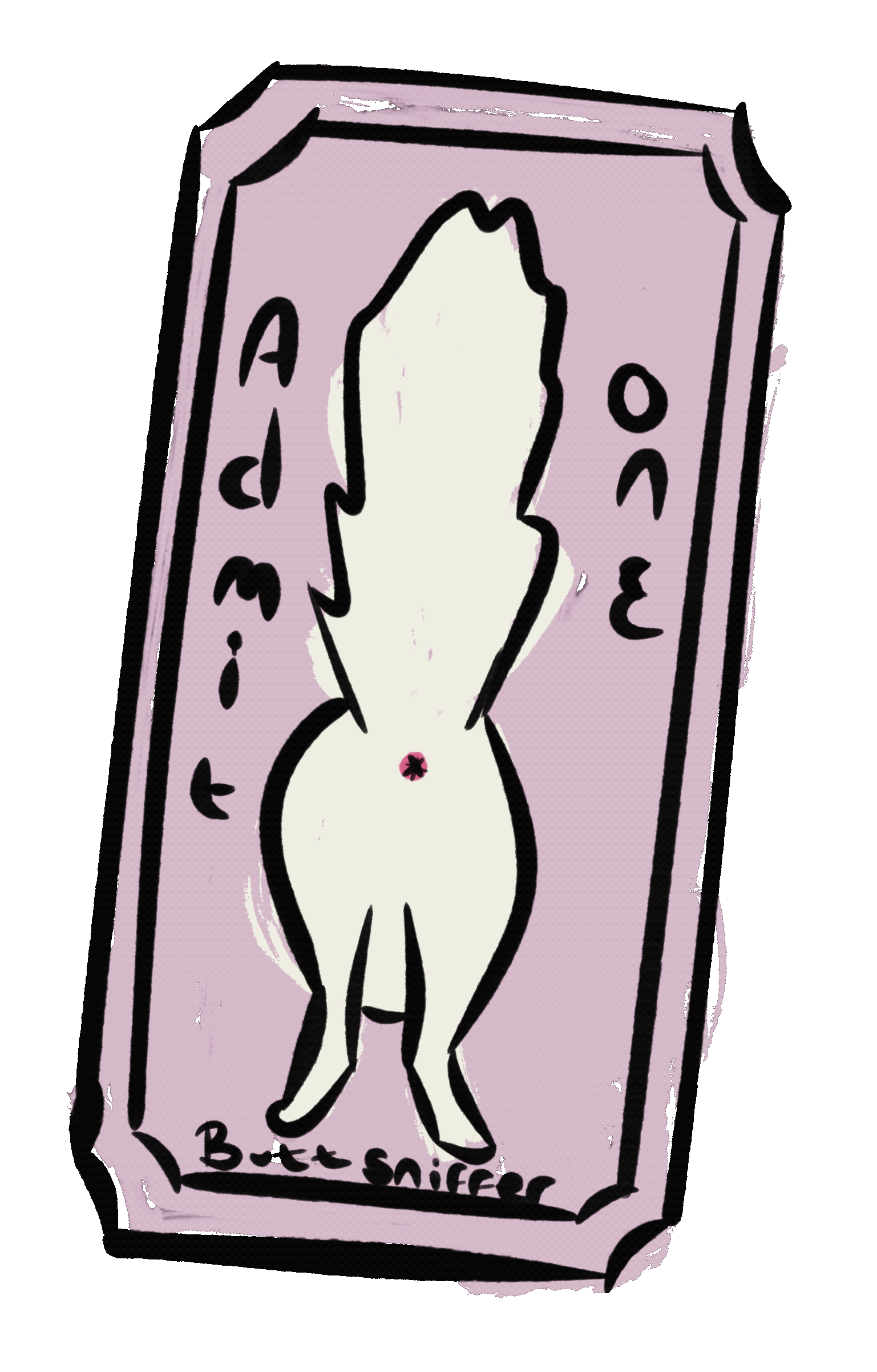 A cartoon illustration of a box of butt sniffer spray, featuring a simplified human buttocks with a pink starburst indicating the spray application area.