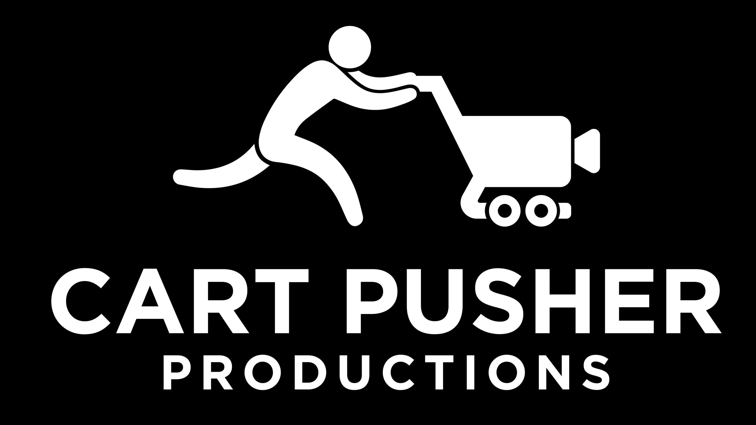 A black and white sign features a figure pushing a cart with the words 'Cart Pusher Productions' underneath.