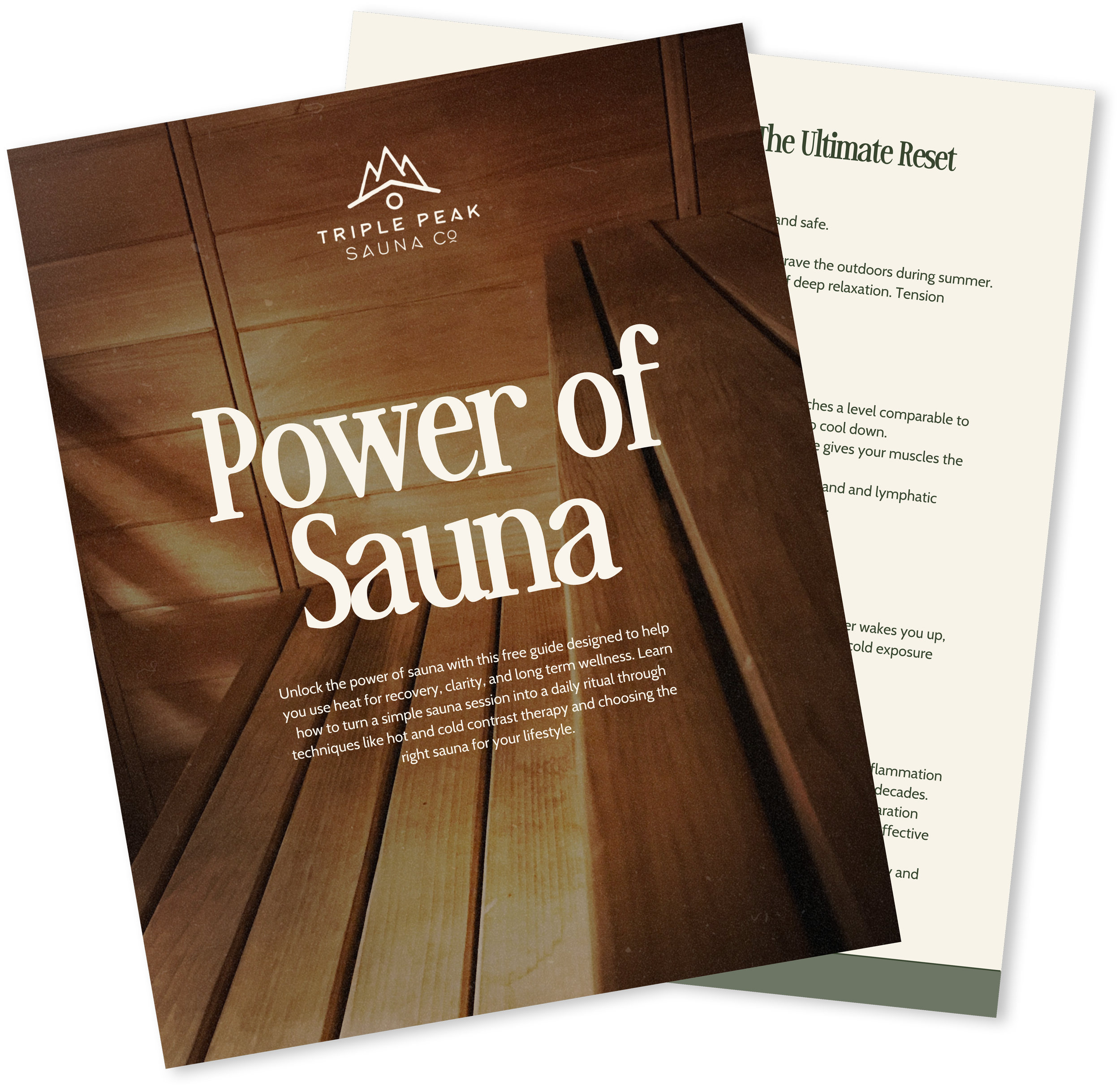 Brochure titled 'Power of Sauna' with wood panel background, featuring the logo of Triple Peak Sauna Co and a partial view of a wellness guide.