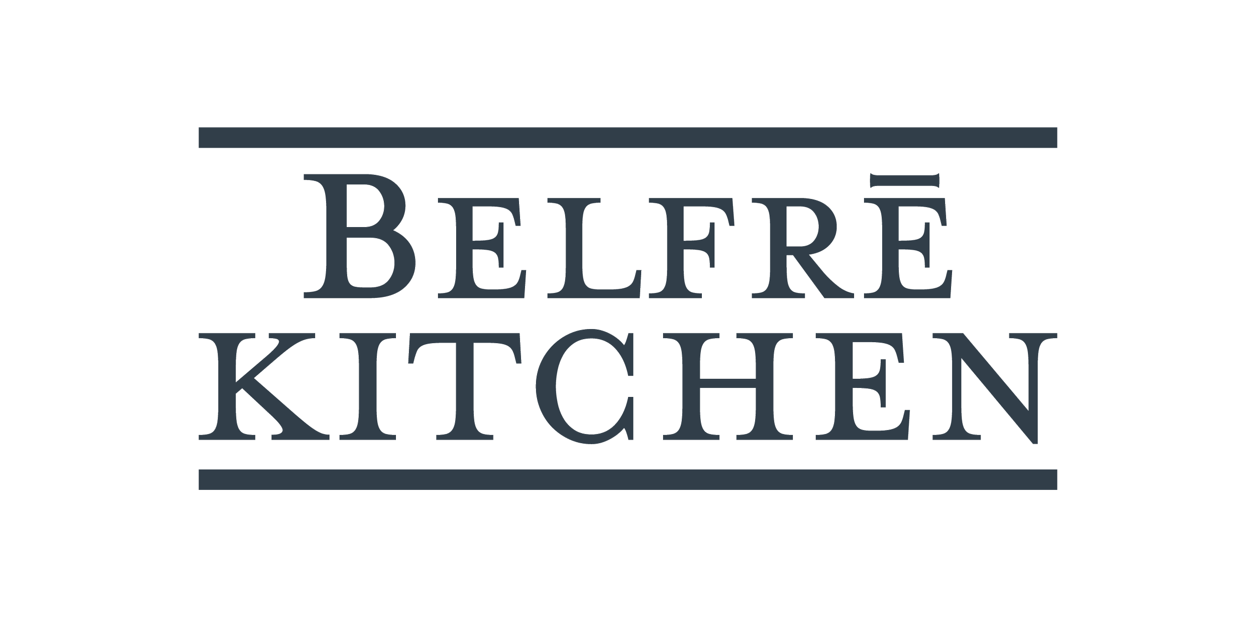 Logo with the text 'BELFRE KITCHEN' in large, stylized font, with horizontal lines above and below.