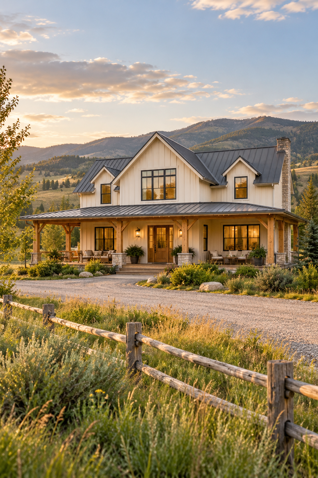 Illustrative country home with a covered porch and mountain backdrop