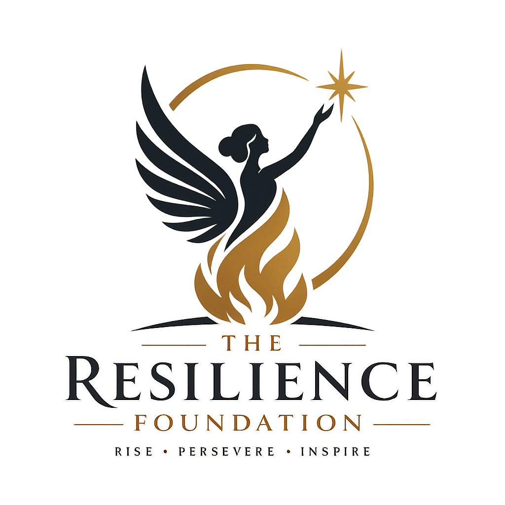 A logo featuring a silhouette of a woman with black wings reaching towards a golden star, with a flame at the base and a circular background. The text reads 'The Resilience Foundation' with the tagline 'Rise . Persevere . Inspire'.