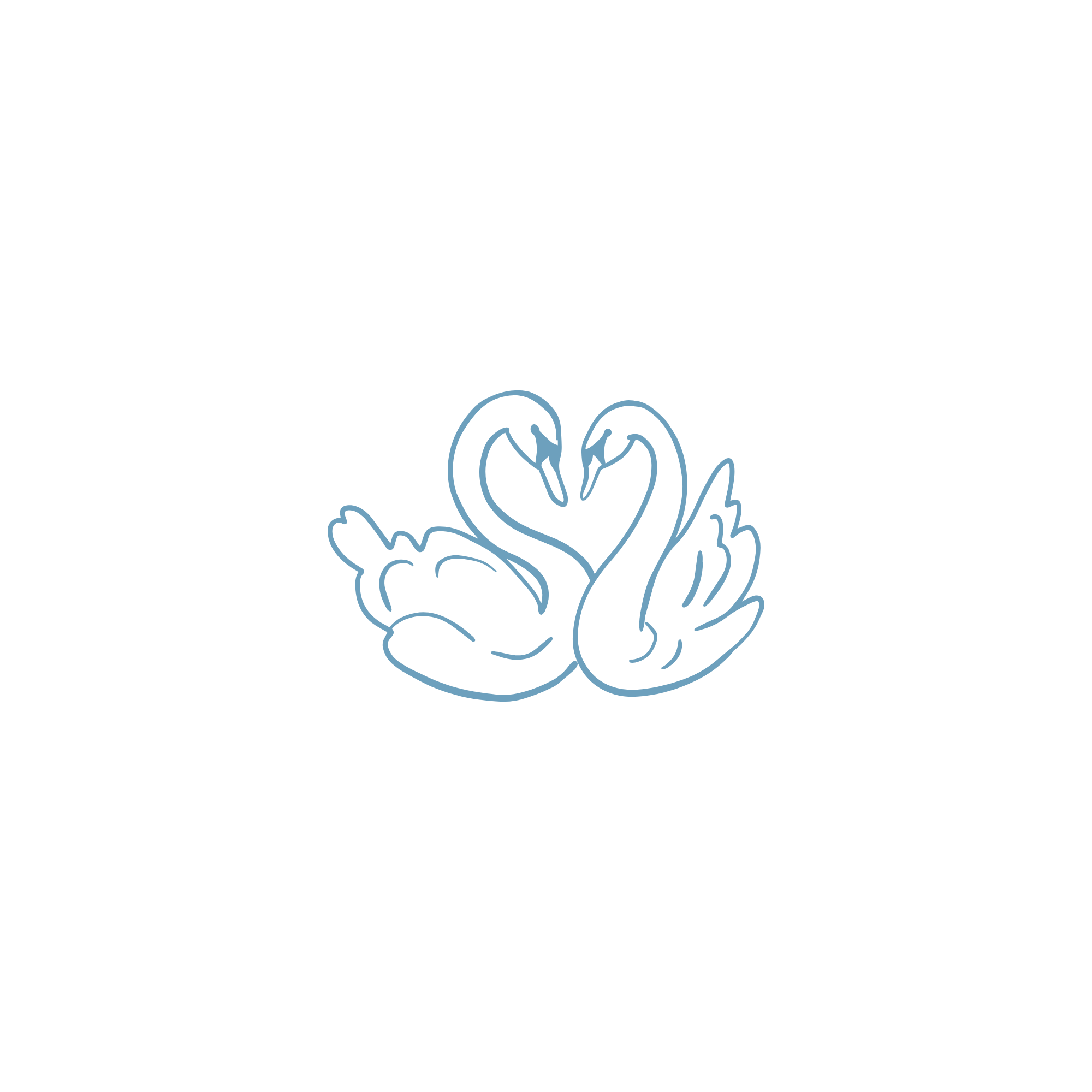 Illustration of a cat and a swan forming a heart shape with their necks, surrounded by foliage and floral motifs.