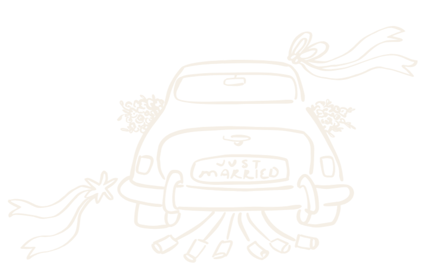 A line drawing of a decorated car with ribbons, bows, and flowers, with the words 'JUST MARRIED' on the trunk. Fireworks are shown in the background.