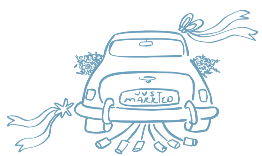 Drawing of a compact car with exhaust pipes and streamers, decorated with flowers and ribbons, in a playful style.