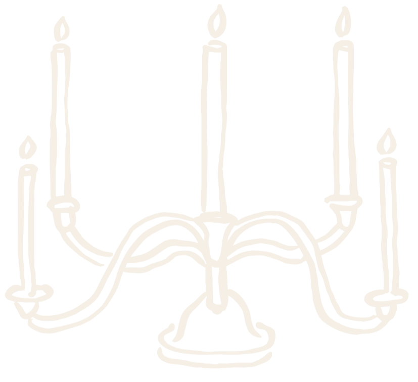 A white line drawing of a chandelier with five lit candles on a black background.