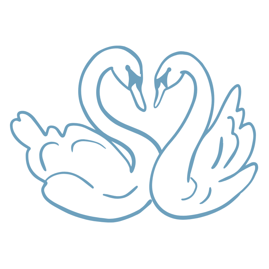 Line drawing of two swans forming a heart shape with their necks and bodies.