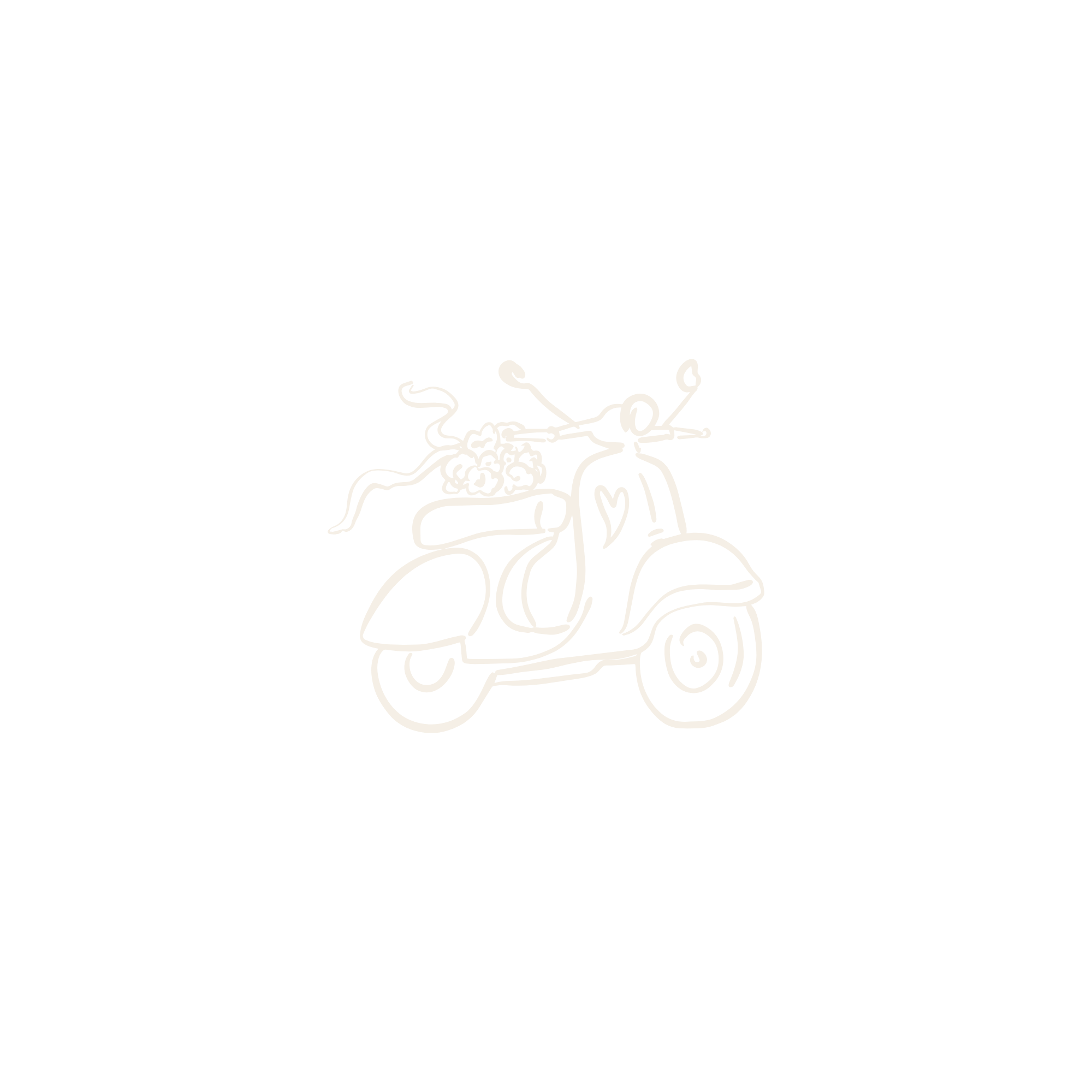 Outline drawing of a person on a scooter with a basket of flowers at the front, wearing a scarf and a hat, with steam rising from the scooter.