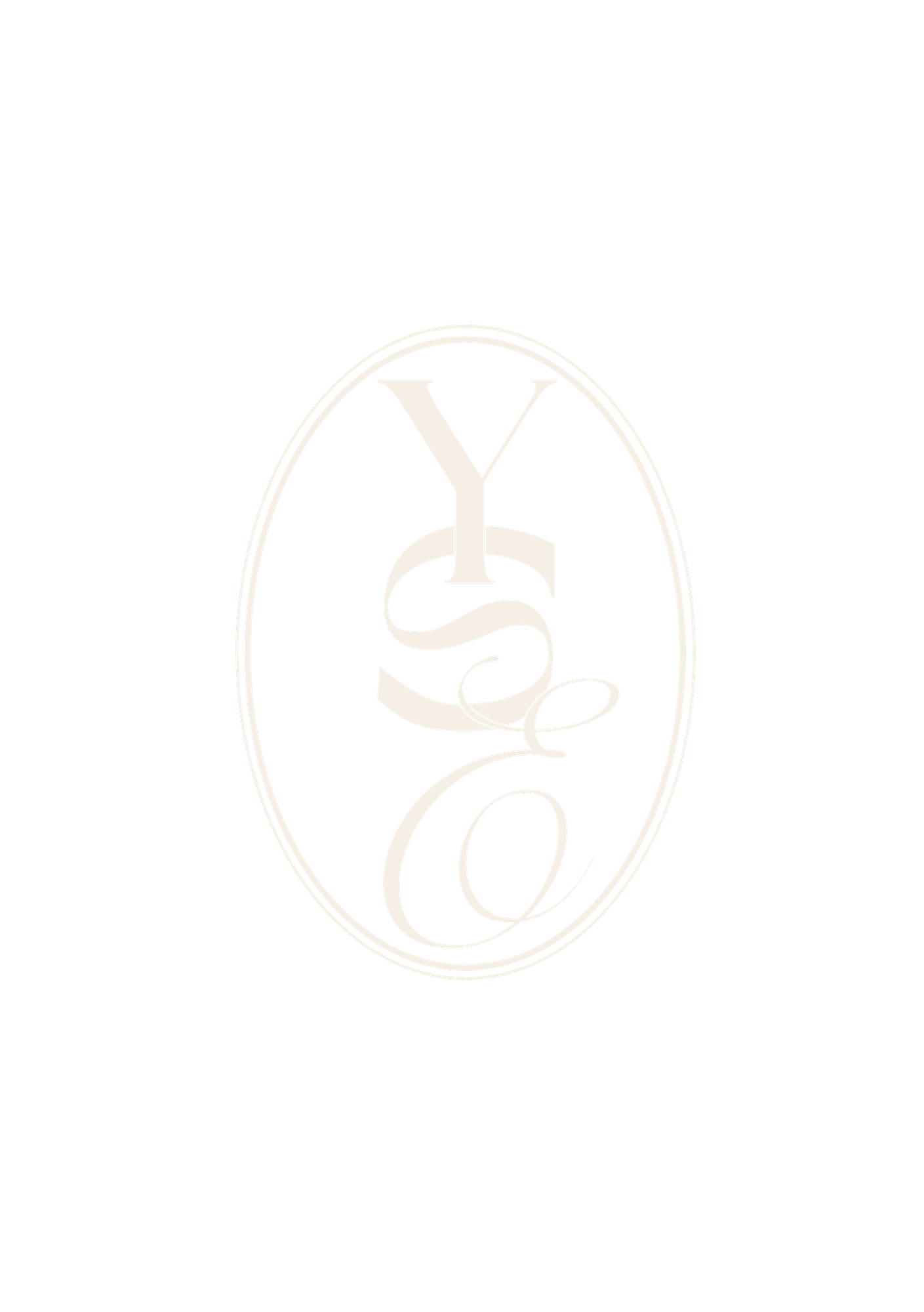 A black background featuring a white, ornate, vertically oriented oval emblem with the stylized initials 'YSC' inside.